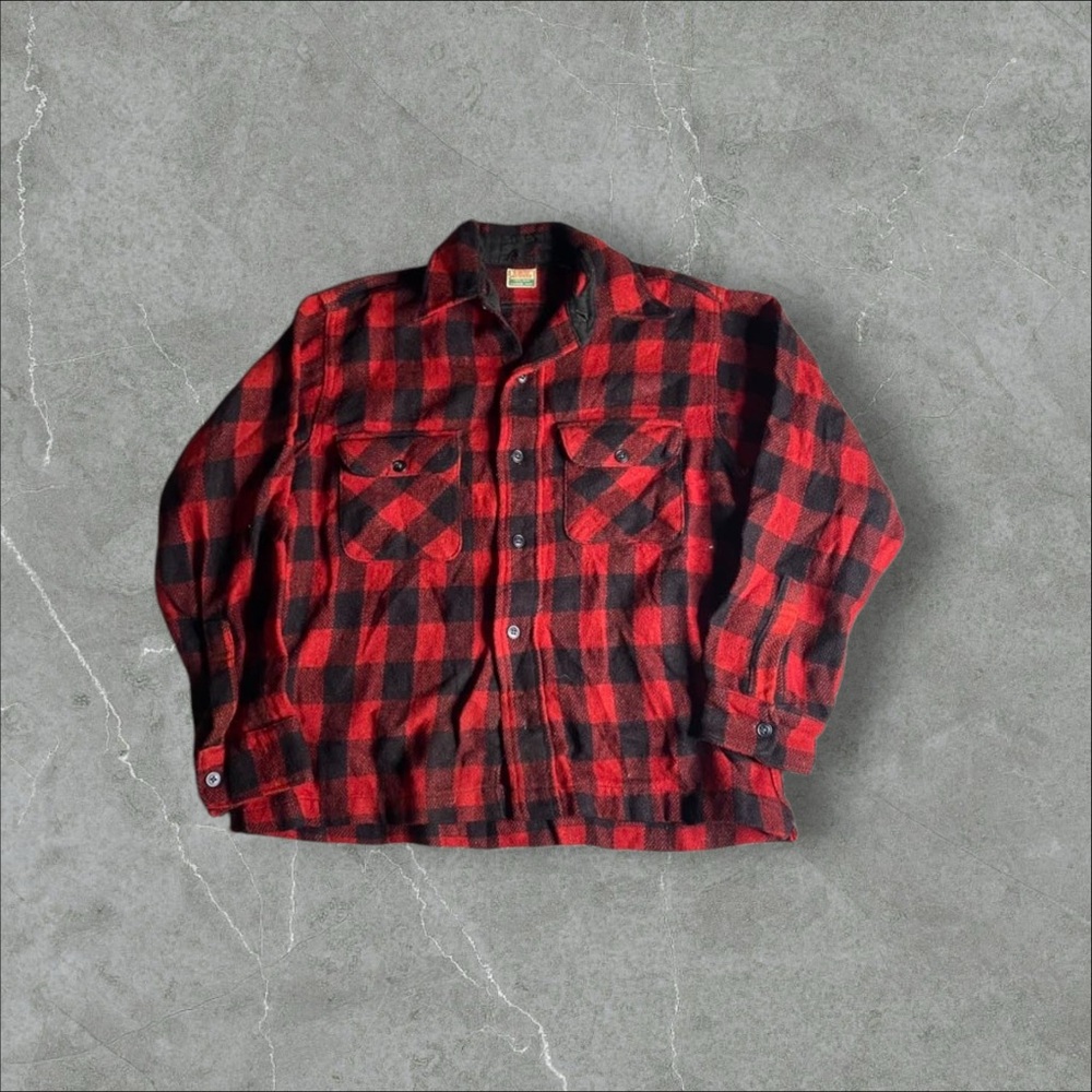 Vintage Roomy Richard‎ Flannel Shirt Mens Large Red Buffalo Plaid Union Made 40s